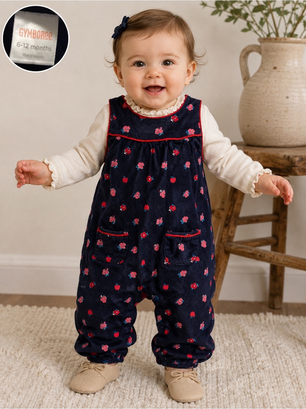Vintage Gymboree 6-12M Baby Girl Navy Corduroy Floral Apple Overalls Romper